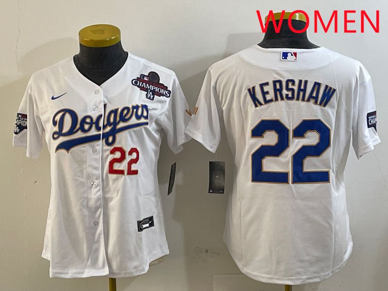 Women Los Angeles Dodgers #22 Kershaw White Gold Game 2025 Nike MLB Jersey style 4->women mlb jersey->Women Jersey